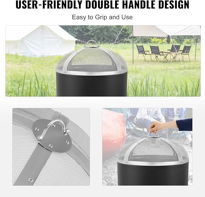VEVOR Fire Pit Spark Screen Round 27", Reinforced Heavy Duty Steel Metal Cover, Outdoor Firepit Lid, Easy-Opening Top Screen Covers Round with Ring Handle for Outdoor Patio Fire Pits Backyard