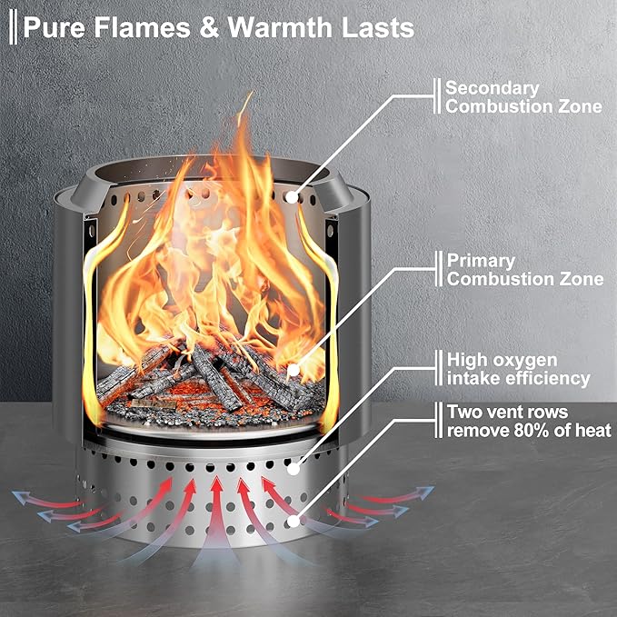 15 Inch Smokeless Fire Pit with Removable Ash Pan, Fire Pits for Outside Wood Burning, Portable Bonfire Outdoor Firepit, Waterproof Bag & Poker Included, Stainless Steel, Camping Backyard