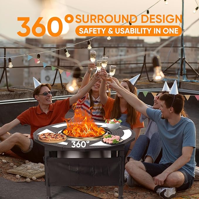 Fire Pit Surround Tabletop for Solo Stove Bonfire – 40" Powder-Coated Carbon Steel Outdoor Fire Pit Table, Compatible with 15"-21" Fire Pits, Tabletop Fire Pit for BBQ, Picnic, Patio