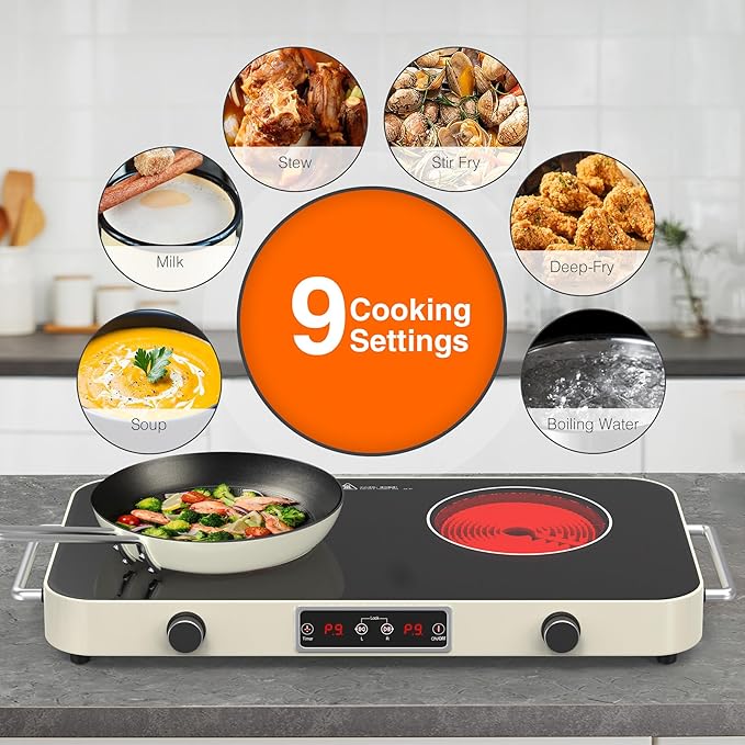 GIHETKUT Electric Cooktop, 2200W 110V Electric burner, Electric Stove Top with 2 Handle, 2 Burner Electric Cooktop with 9 Power Settings,Knob Control Child Safety Lock & Timer.