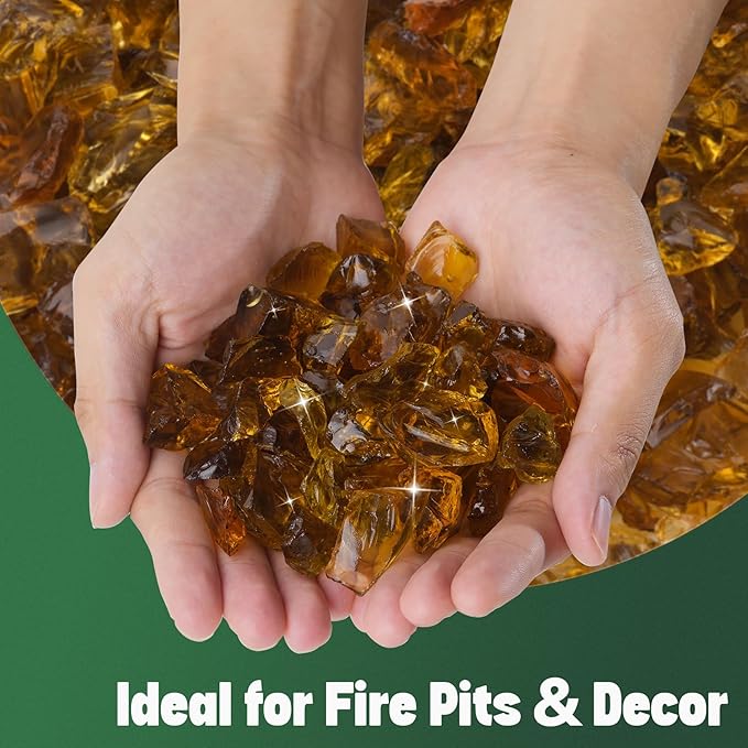 Mr. Fireglass Crushed Fire Glass for Natural or Propane Fire Pit, 10 Pounds Decorative Recycled Fireplace Glass Rocks for Fire Pit Fireplace and Landscaping, High Luster Amber