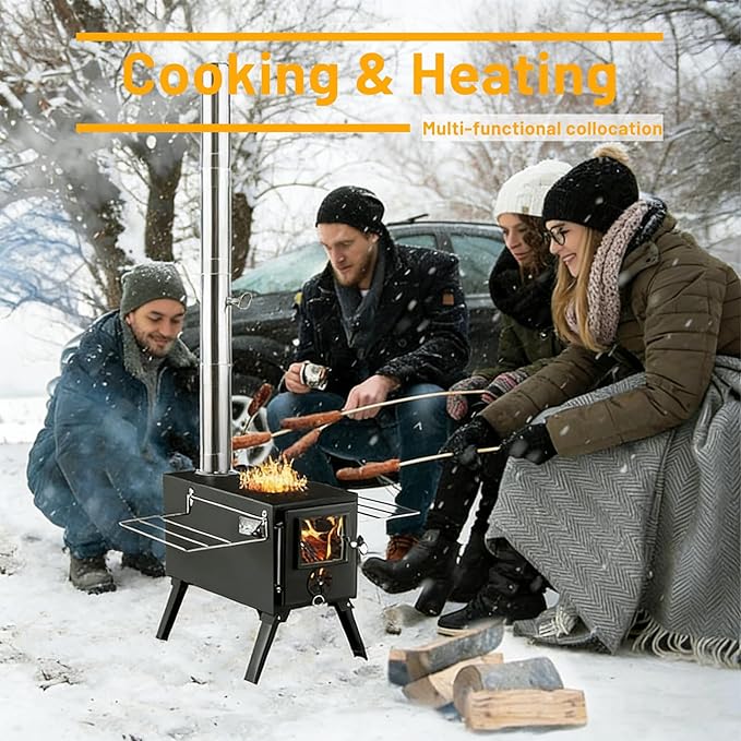 Hot Tent Stove,AVOFOREST Wood Burning Stove,Small Wood Stove with 7 Stainless Chimney Pipes for Outdoor Heating & Cooking, Ice Fishing, Hunting