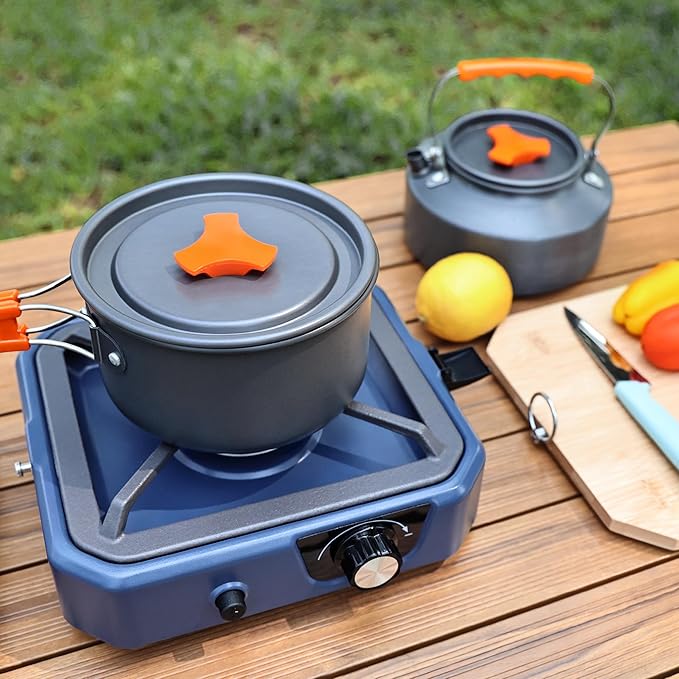 Camping Stove with Cutting Board, 304 Stainless Steel Portable Propane Camp Stove, Adjustable Burner with Piezo Ignition, Portable Gas Stove for Camping, BBQ
