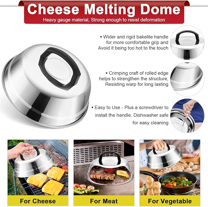 Smash Burger Kit Griddle Accessories (6Pcs), Joyfair 9in Basting Cover with Grill Spatula & Bacon Press Set, Stainless Steel Hamburger Turner, Melting Dome, Patty Press for Outdoor BBQ Kitchen Cooking