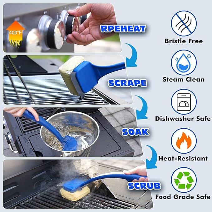 Grill Brush for Outdoor Grill, BBQ Grill Brush Bristle Free, Steam Grill Cleaner with Scraper, Grill Cleaning Brush with Replacement Head, BBQ Grilling Accessories Fit Most Grills, Gifts for Men Dad