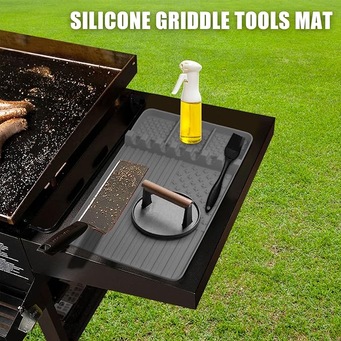 2 PCS Silicone Grill Mat Compatible with Blackstone, BBQ Griddle Tools Mat with Drip Pad, Spatula for Outdoor Kitchen Counter, Gifts for Men (Grey-2)
