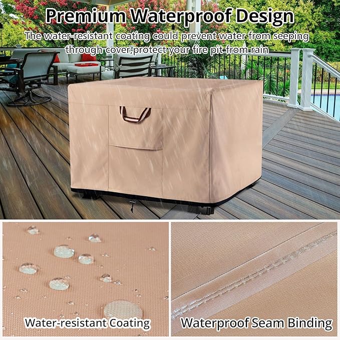 QH.HOME Fire Pit Cover Square-40-44 Inch Heavy Duty 900D Strong Tear-Resistant and UV Resistant and Waterproof and Fading Resistant Material Polyester Firepit Covers for Outdoor Fire Table-Wheat