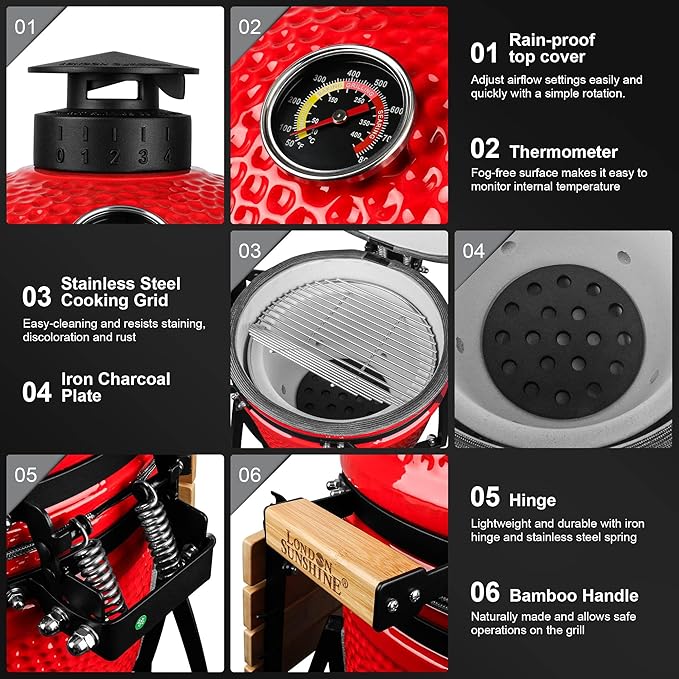 London Sunshine 15-inch Ceramic Kamado Charcoal BBQ Grill & Smoker with Locking Casters, Foldable Side Shelves, Stainless Steel Grates, and Tall Stand (Red)