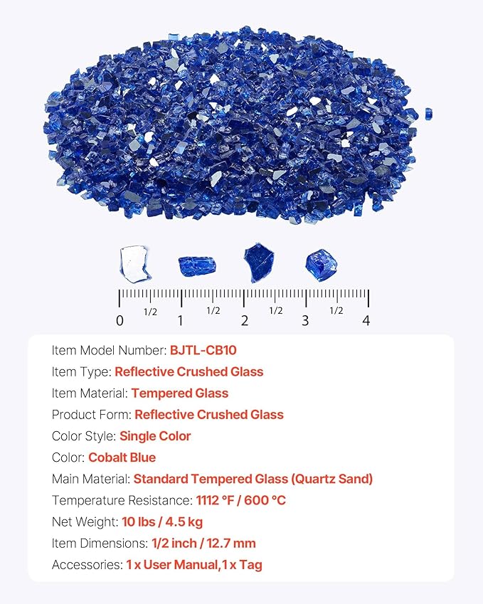 VEVOR Fire Glass, 10 lbs, Cobalt Blue, 1/2 Inch High-Temperature Resistant Reflective Glass Rocks, Smokeless Fire Pit Stones for Outdoor Table & Landscaping