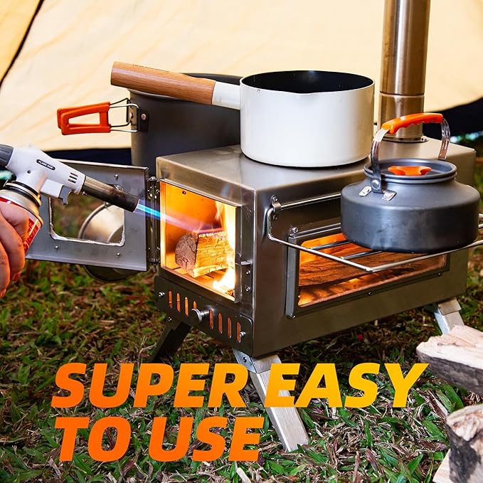 Hot Tent Stove, AVOFOREST 304 Stainless Wood Burning Stove, Portable Wood Stove with 6 Stainless Chimney Pipes for Outdoor Heating & Cooking, Ice Fishing, Hunting