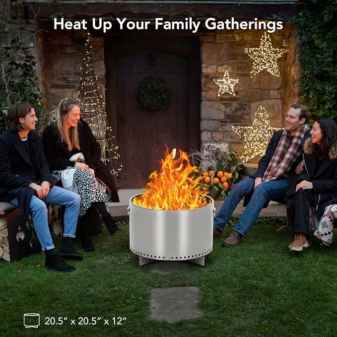 20.5 in Smokeless Fire Pit with Air Switch and Handle, Wood Burning Portable Stainless Steel Outdoor Firepit with Removable Stand and Ash Pan, Ideal for Camping Backyard Patio, H: 11.5 in, 18.8 LBS