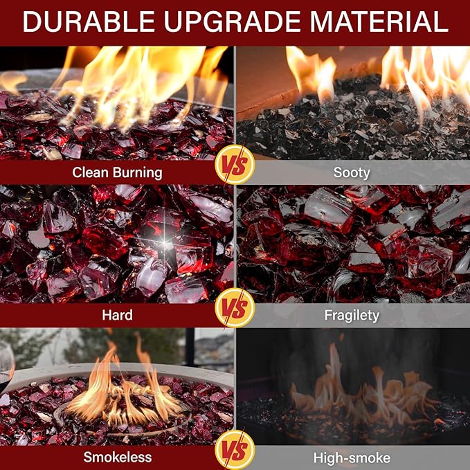 NUPICK 10 Pound Fire Glass, 1/2 Inch Shiny Fire Pit Glass, Tempered Firepit Glass Rock for Propane or Natural Gas, Glass Rocks for Fire Pit Table, Fireplace Glass for Landscaping, Red