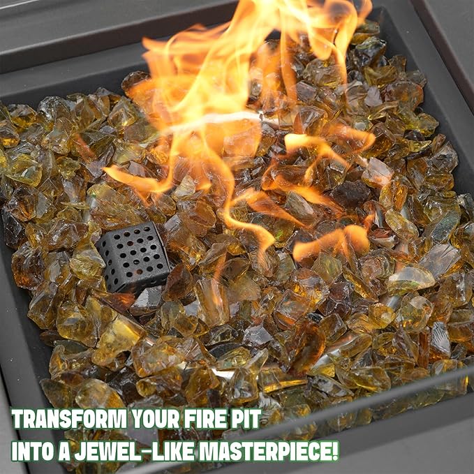 Mr. Fireglass Crushed Fire Glass for Natural or Propane Fire Pit, 10 Pounds Decorative Recycled Fireplace Glass Rocks for Fire Pit Fireplace and Landscaping, High Luster Amber
