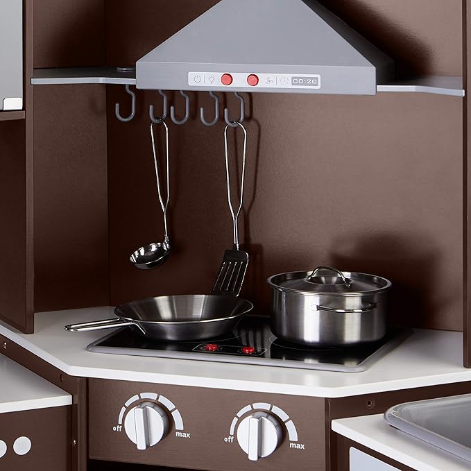 Amazon Basics Kids Corner Interactive Wooden Play Kitchen Set, Stove, Oven, Sink, Fridge and Accessories for Toddlers, Preschoolers, Children Age 3+ Years, Espresso/Gray, 39.37"L x 28.35"W x 35.04"H