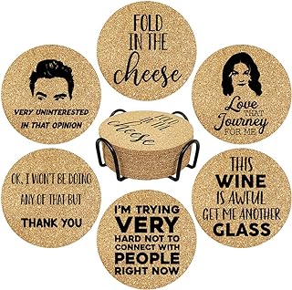 Funny Drink Coasters for SC Fans, 6 Pcs Coffee Coasters with Metal Holder, Fold in The Cheese TV Show Coasters, Cute Birthday Housewarming Gifts for Women Men Coworkers