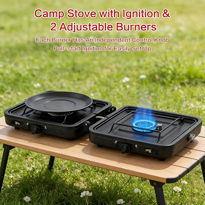 2 Burner Camping Stove,Portable Camp Stove with 17,000 BTU Adjustable Burners and Carrying Bag,Folding Camping Stove for Outdoor Cooking Backpacking BBQ Grill