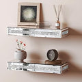 SHYFOY Mirrored Floating Shelves for Wall Decor Storage, Glitter Glass Wall Mounted Shelves for Bedroom, Living Room, Bathroom, Kitchen, Office and More, Set of 2, Silver