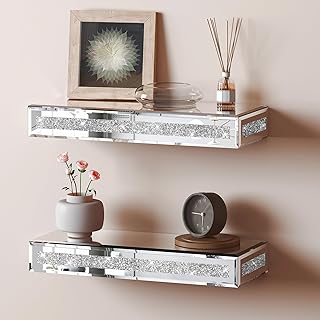 SHYFOY Mirrored Floating Shelves for Wall Decor Storage, Glitter Glass Wall Mounted Shelves for Bedroom, Living Room, Bathroom, Kitchen, Office and More, Set of 2, Silver