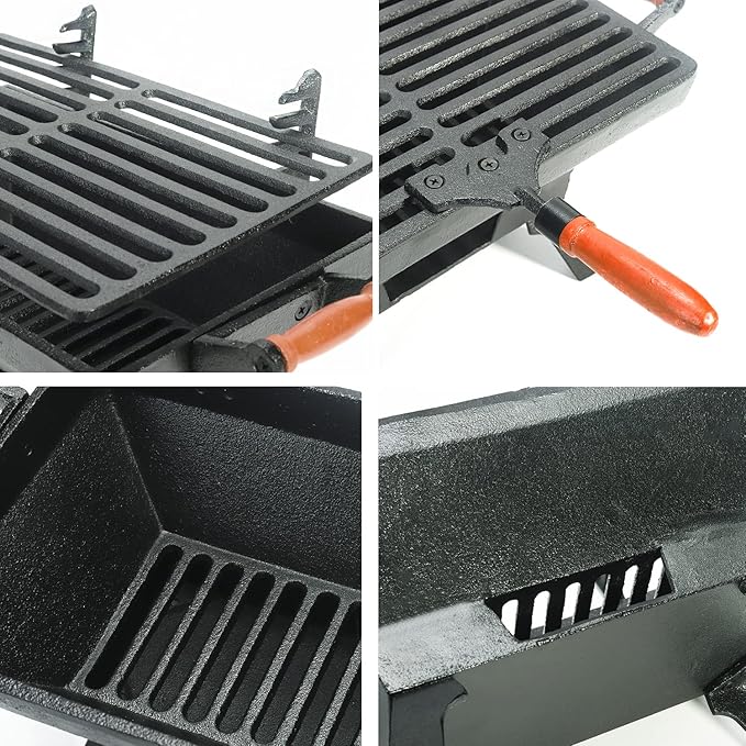 Sungmor Compact Cast Iron Charcoal Grill - Tabletop BBQ Grill with Adjustable Grate & Wooden Handles, 12” x 7” Ideal for 1-3 People - Portable Heavy-Duty Grill for Camping, Balcony & Small Spaces