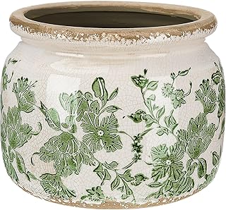 4.7" Small Ceramic Plant Pot Beige Green Vintage Floral Crackle Glaze Rustic Flowers Pot Decorative Planter with Drainage for Indoor Outdoor Plants Home Kitchen Office Decor Gift