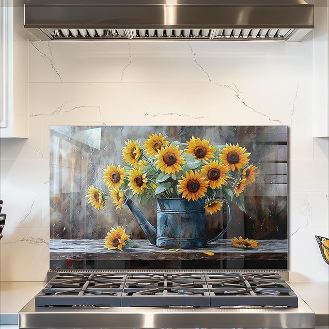 fzxwyishu Tempered Glass Backsplash for Kitchen,Stove Splashback Protector Sunflower Design | Heat-Resistant Splash Board, Kitchen Wall Decoration