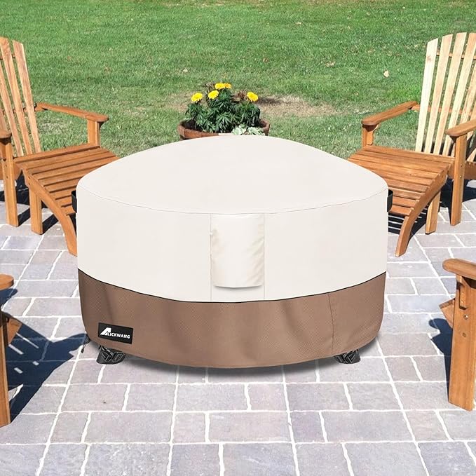 Fire Pit Cover Round 36 Inch Waterproof,Outdoor Heavy Duty Durable 600D Tear-Resistant Fire Pit Table Cover,Patio Round Firepit Cover 36" D x 24" H, Beige