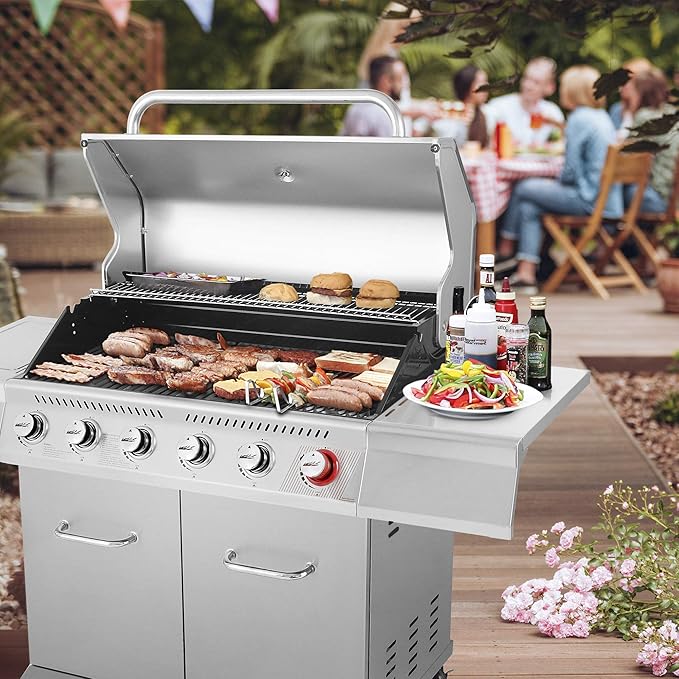 Royal Gourmet GA6402S 6-Burner Propane Gas Grill with Side Burner and Warming Rack, 74,000 BTUs, Cabinet Style Outdoor BBQ Grill for Barbecue Grilling & Backyard Cooking, Silver