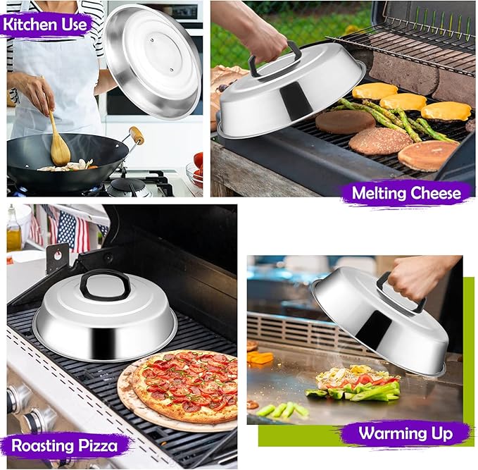 12 Inch Cheese Melting Dome Set of 2, Joyfair Basting Cover for Griddle Grilling Outdoor Camping/Flat Top Teppanyaki, Stainless Steel Lids with Heat-Proof Handle, Dishwasher Safe (No Thermometer)