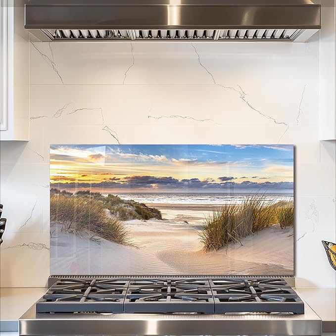 fzxwyishu Tempered Glass Backsplash for Kitchen,Stove Splashback Protector Beach Scenery Design | Heat-Resistant Splash Board, Kitchen Wall Decoration (Art Deco 1, 30"x16"(76.2x40.64cm))