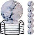 Round Coasters, Crystal Blue Ceramic Marble, 6 Pcs for Drinks, Non-Slip for Desk & Room Decor (4 Inches)