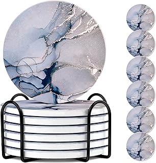 Round Coasters, Crystal Blue Ceramic Marble, 6 Pcs for Drinks, Non-Slip for Desk & Room Decor (4 Inches)