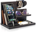 TESLYAR Wood Phone Docking Station for Men - Desktop or Nightstand Organizer - Birthday Gifts for Men, Dad - Anniversary Idea from Wife - Key Holder, Stand Wallet, Watch & Essentials (Granite Black)
