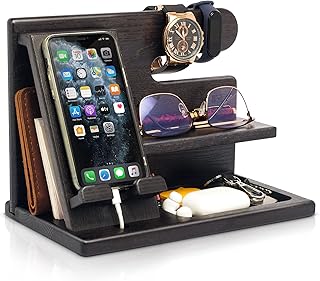 TESLYAR Wood Phone Docking Station for Men - Desktop or Nightstand Organizer - Birthday Gifts for Men, Dad - Anniversary Idea from Wife - Key Holder, Stand Wallet, Watch & Essentials (Granite Black)