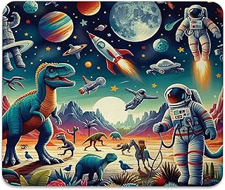 Outer Space Anti-Slip Gaming & Office Mouse Pad with Stitched Edges 9.5 x 7.9 Inch, Surreal Design of Rockets Dinosaurs Planets and Astronaut Characters Durable Smooth Surface Desk Mat