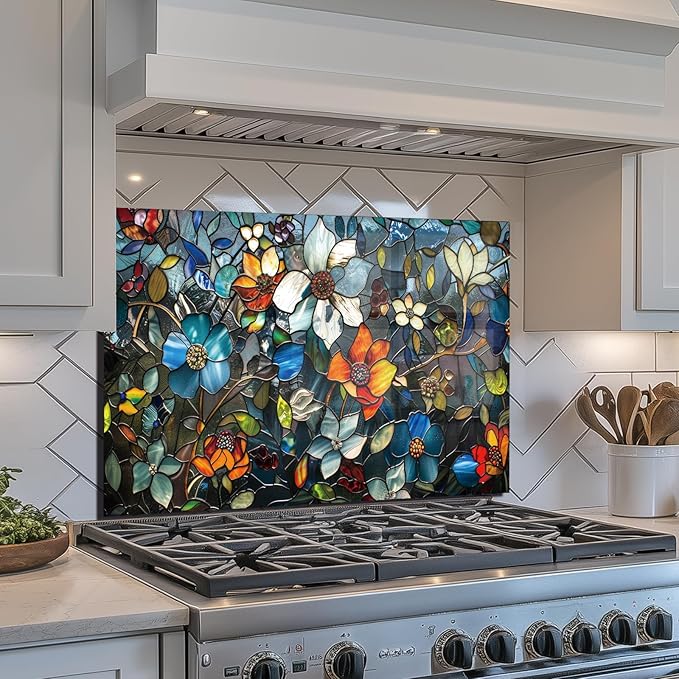 Evgosm Tempered Glass Backsplash for Kitchen, Pixel Flower Stove Splashback, Glass Backsplash, Used for Kitchen Wall Protection and Decoration, Easy to Install and Clean. (30x18'')