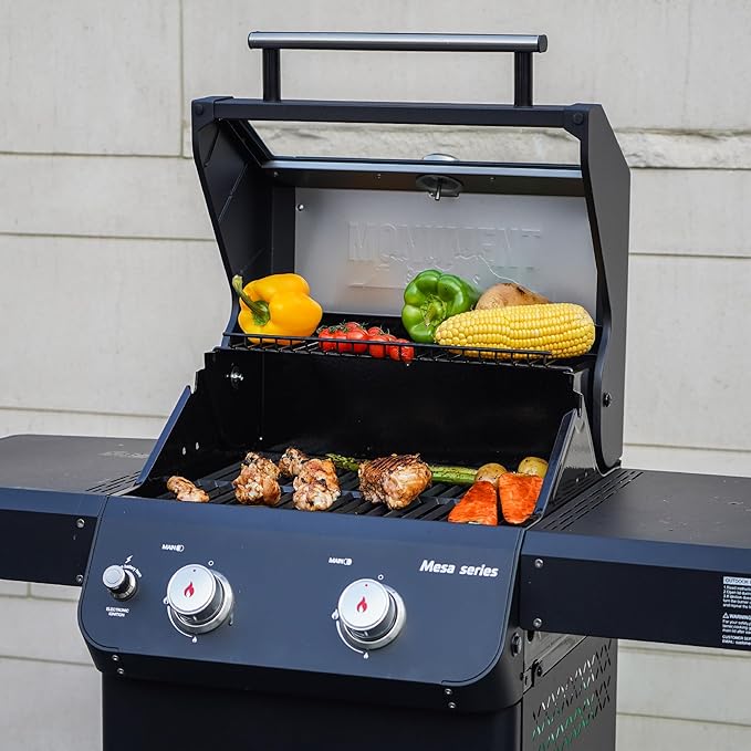 Monument Grills 2-Burner Stainless Steel Liquid Propane Gas Grill, Two Foldable Shelves Patio Garden Barbecue Grill with Clearview® Lid, Knob Control Mesa220, Black