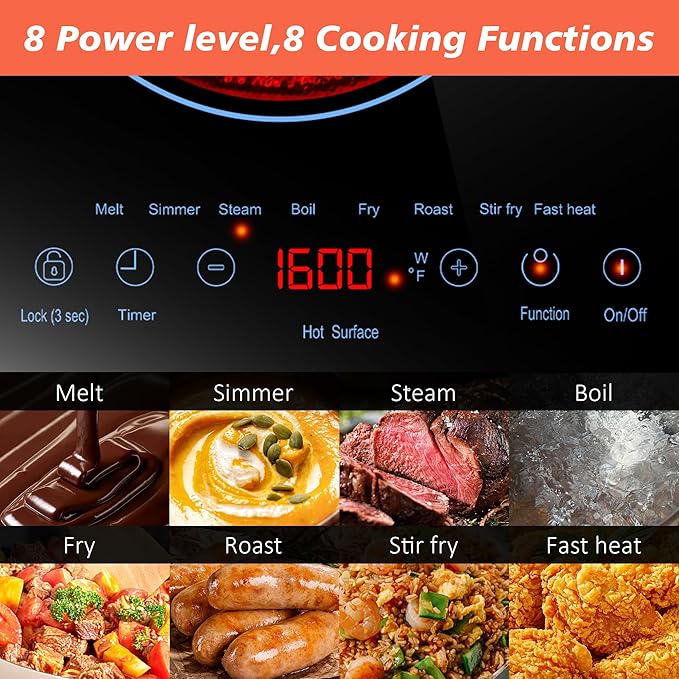 2 Burner Electric Cooktop 110v, 24 Inch Electric Stove Countertop & Built-in, Plug-in Electrics Cooktop, 8 Power Levels & 8 Functions, Touch Control, Safety Lock, Timer, 2000W, Blue