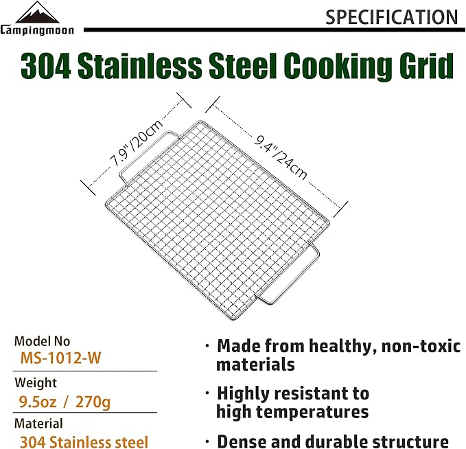 CAMPINGMOON Cooking Grid Campfire Grill Grid BBQ Replacement Grate 304 Stainless Steel Portable Handle (Silver 9.4 x 7.9)