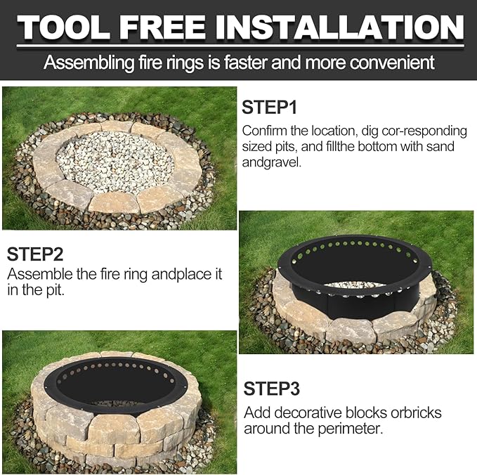 Outdoor Smokeless Fire Pit Ring 34 Inch Outer/30 Inch Inner Diameter, Heavy Duty Metal Round Liner Insert for Outside DIY Campfire or Bonfire Ring, Above or In Ground Use