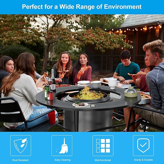 LS'BABQ 45" Fire Pit Surround Tabletop with Waterproof Cover for Solo Stove Yukon & Bonfire, Round Outdoor Fire Pit Table for Most Wood-Burning Stoves Under 28.5" Dia for Camping, Powder-Coated Steel