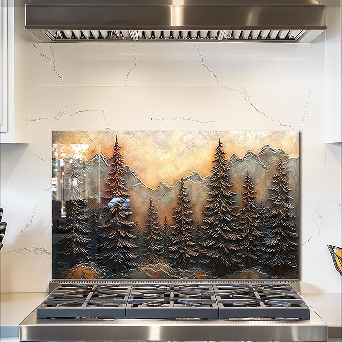 fzxwyishu Tree of Life,Tempered Glass Backsplash For Kitchen Behind Stove,Easy to Clean Kitchen Sink Cover Splash Guard, Home Kitchen Décor (brown, 30"x18"(76.2x45.72cm))