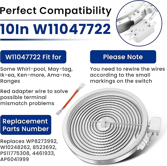 10In W11047722 8523692 W10248262 Single Radiant Surface Heating Element Fit for Whirl-pool, Ken-more, May-tag, Replaces PS11775308 4461933 AP6041999 Range Stove Burner Surface Element By Fetechmate