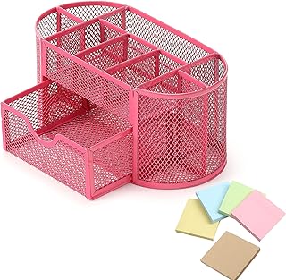 Office Supplies Mesh Desktop Organizers with Sticky Notes Pen Holder for office Desktop Storage for Office School Home Supplies Teacher Student(Rose red)