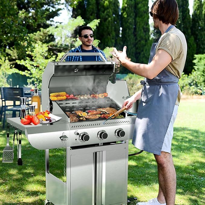 Electactic 3-Burner Propane Gas Grill with Side Burner – 34,000 BTU Stainless Steel Outdoor BBQ Grill, Cast Iron Grates, Portable with Wheels for Patio, Camping