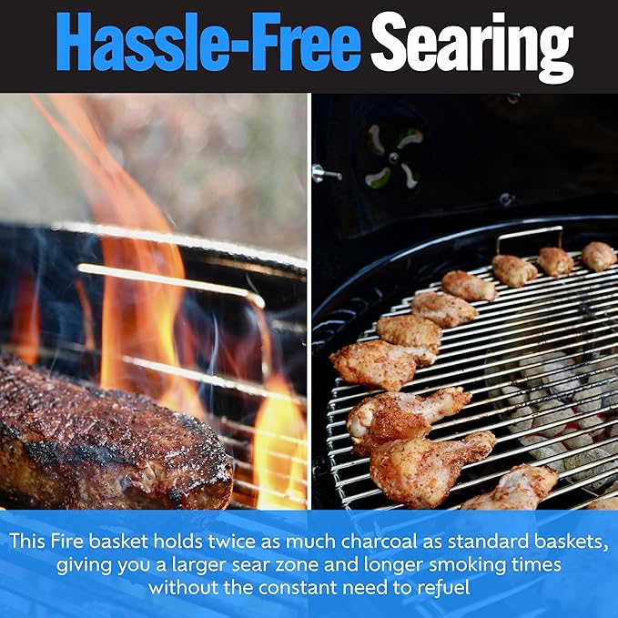 SnS Grills Slow ’N Sear FireBaskets with Water Pan – Heavy Duty Stainless Steel Charcoal Basket for 22" Weber & Similar Kettle Grills – Two Zone Cooking & Heat Management