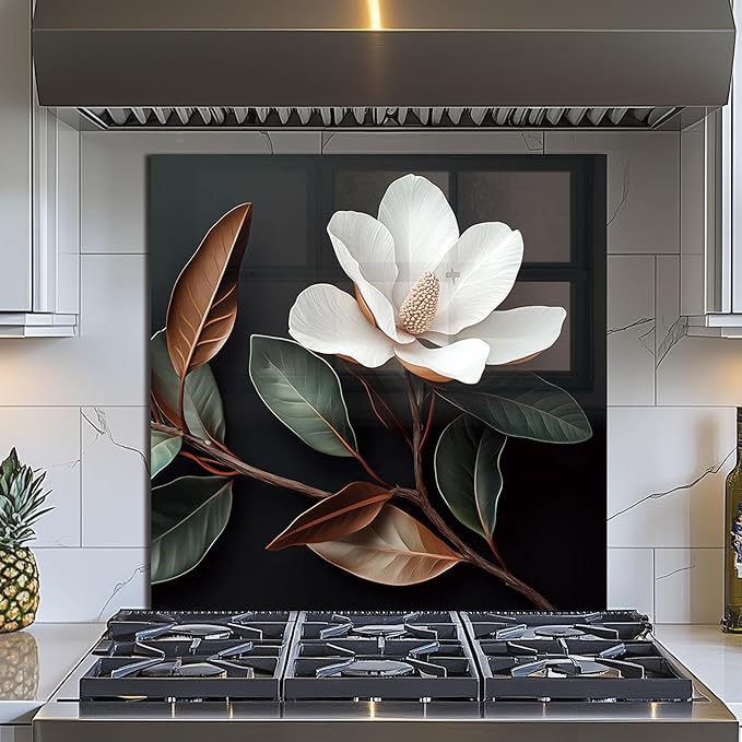 Evgosm Tempered Glass Backsplash for Kitchen， Stove Splashback, Flowers Glass Backsplash, Easy to Install and Clean, Used for Kitchen Wall Protection and Decoration. (30x30'')