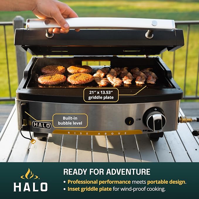 HALO Elite1B Outdoor Griddle | 2 Cooking Zones | 284sq. In. (21″ x 13.53″) Wind-Proof Cooking Surface | Portable Flat Top for Camping, Tailgates, and Patios | Propane Gas Grill | HZ-1007-ANA