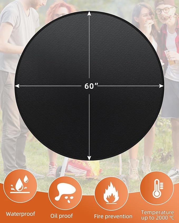 60" Round Fireproof Grill Mat for Deck & Patio, Double-Sided Silicone Coated Fiberglass, Heat Resistant Up to 2000°F, Reusable Under Grill Deck Protector for Fire Pit, Smokeless Stove, Outdoor BBQ