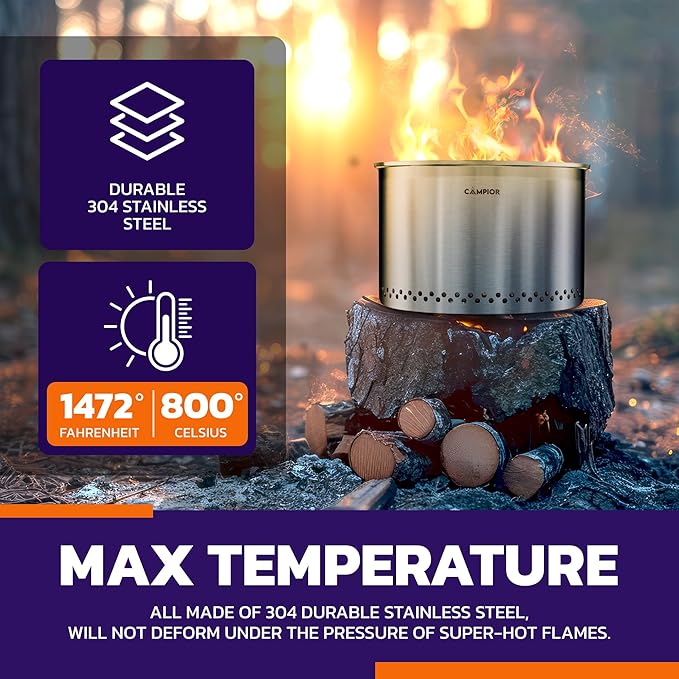 CAMPIOR Large Wood Burning Fire Pit Stove - Smokeless Outdoor Stove for Efficient Wood Fires, Camping, Cooking, and Garden Gatherings, Durable Stainless Steel with Removable Ash Pan, 20.94 lbs
