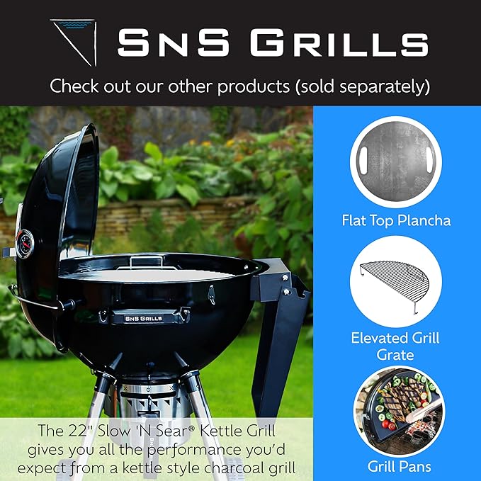 SnS Grills Slow ’N Sear FireBaskets with Water Pan – Heavy Duty Stainless Steel Charcoal Basket for 22" Weber & Similar Kettle Grills – Two Zone Cooking & Heat Management